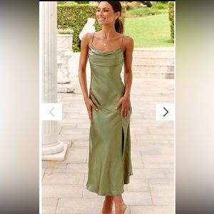 Olive Green Slip Midi Dress with Cowl Neck